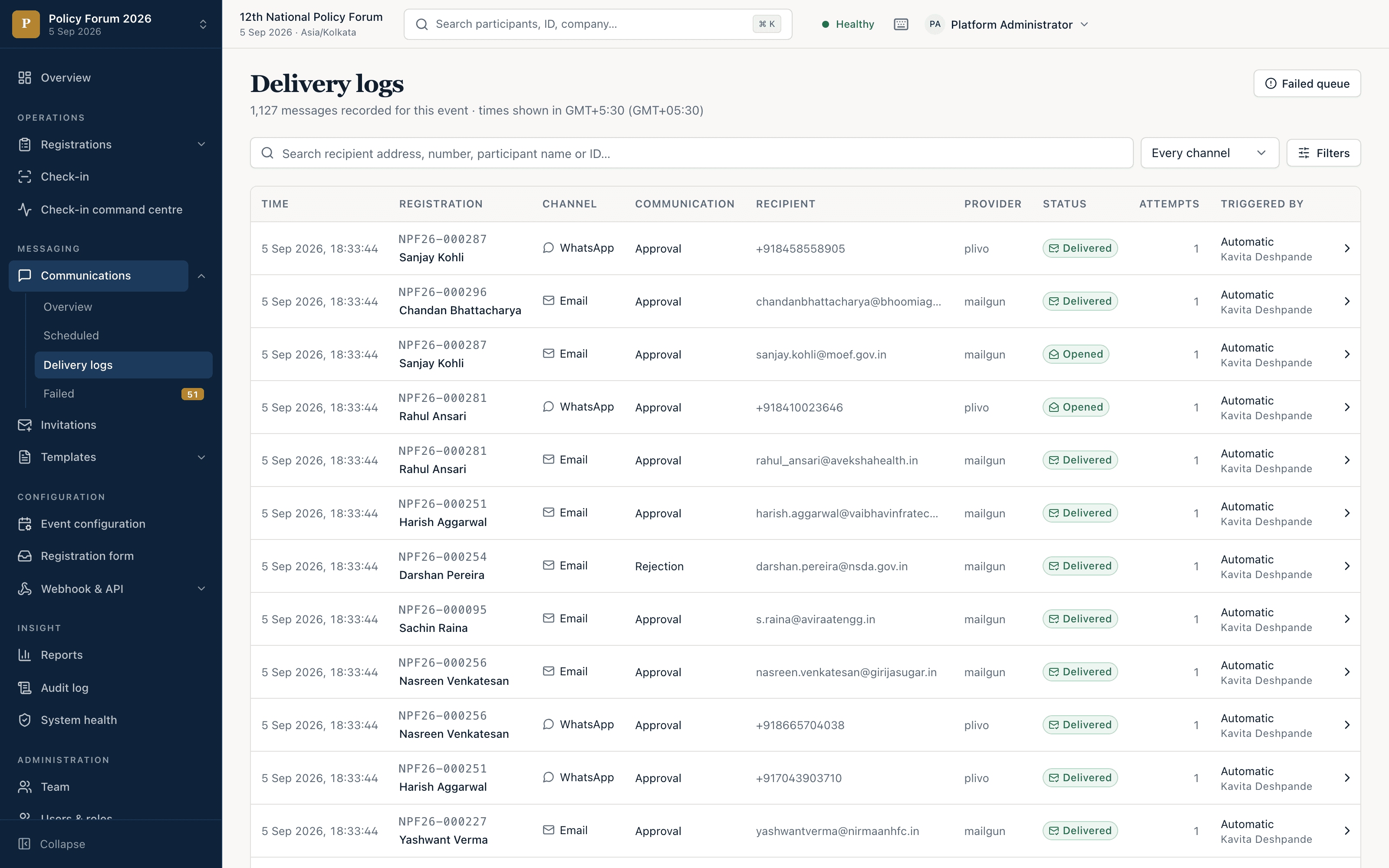 The delivery logs screen: 1,127 messages for one event, one row each with the time, the registration and delegate, the channel, the recipient, the provider, a status of Delivered or Opened, the attempt count and who triggered it. A Failed queue button sits top right; the sidebar counts 51 failed.