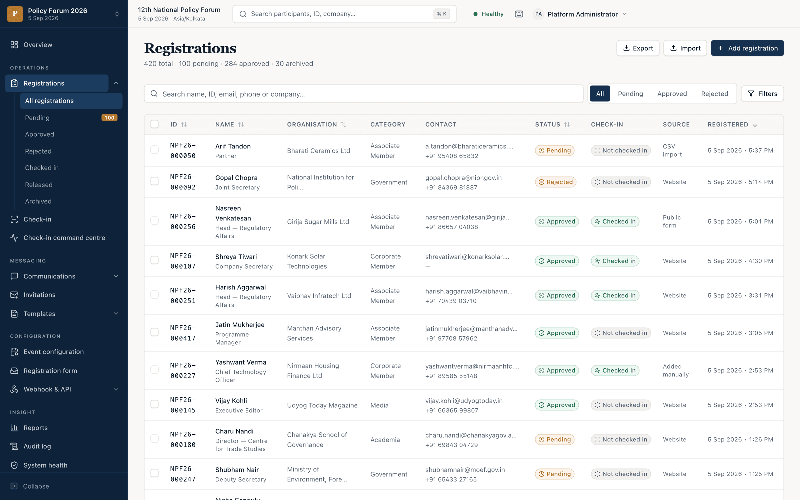 The Conclave registrations screen: a table of 420 registrations showing ID, name, organisation, category, contact details, a status badge of Pending, Approved or Rejected, whether the person has checked in, and how they registered. Tabs filter by status; Export, Import and Add registration sit at the top.
